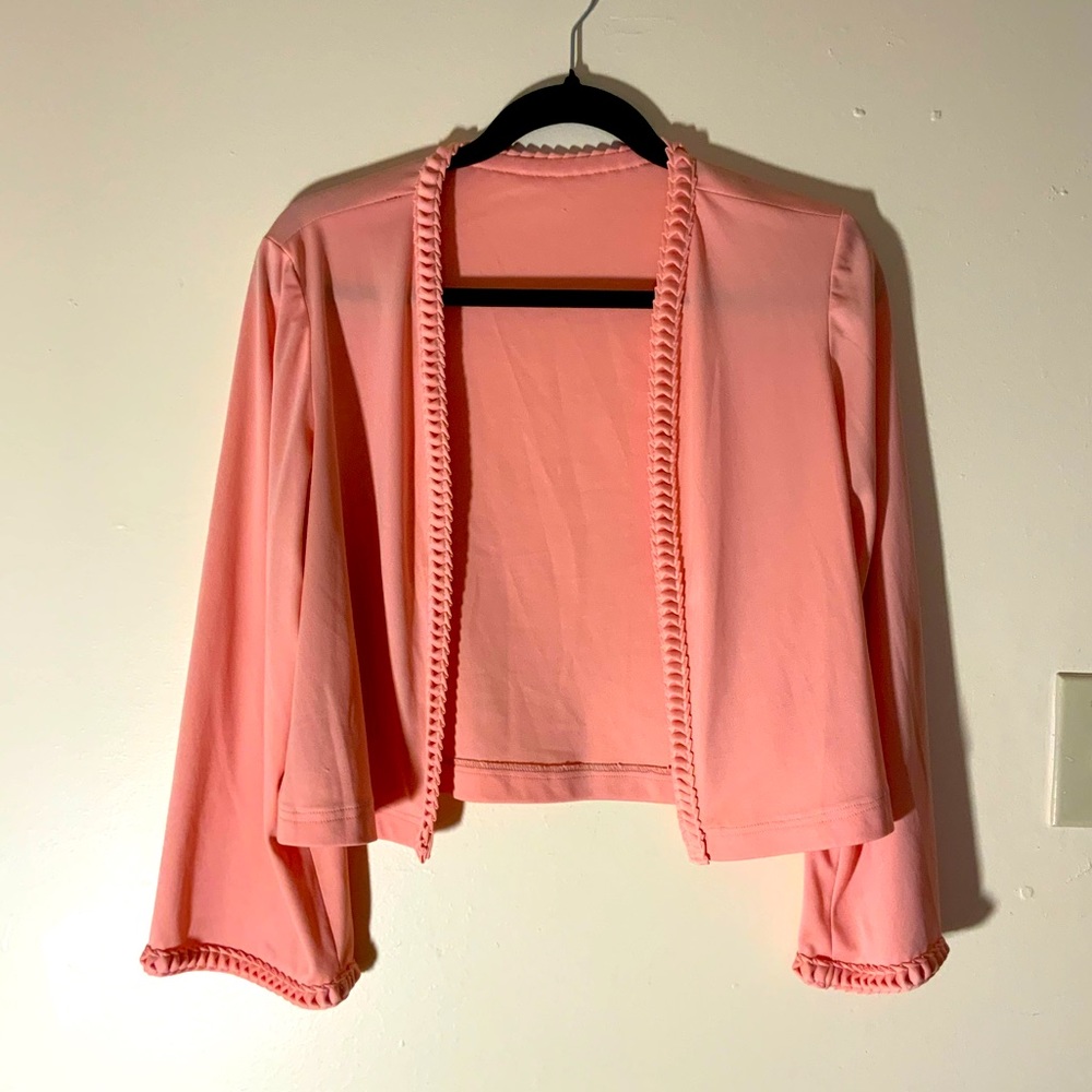 VTG Handmade Salmon pink cardigan with frosting ruffled edging.
